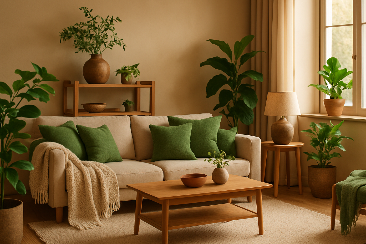 Cozy living room interior, decorated in warm beige and brown tones with natural green accents (plants, pillows, decor). Soft lighting, wooden furniture, cozy textures like wool and linen, minimal but inviting Scandinavian-Japandi style.”

