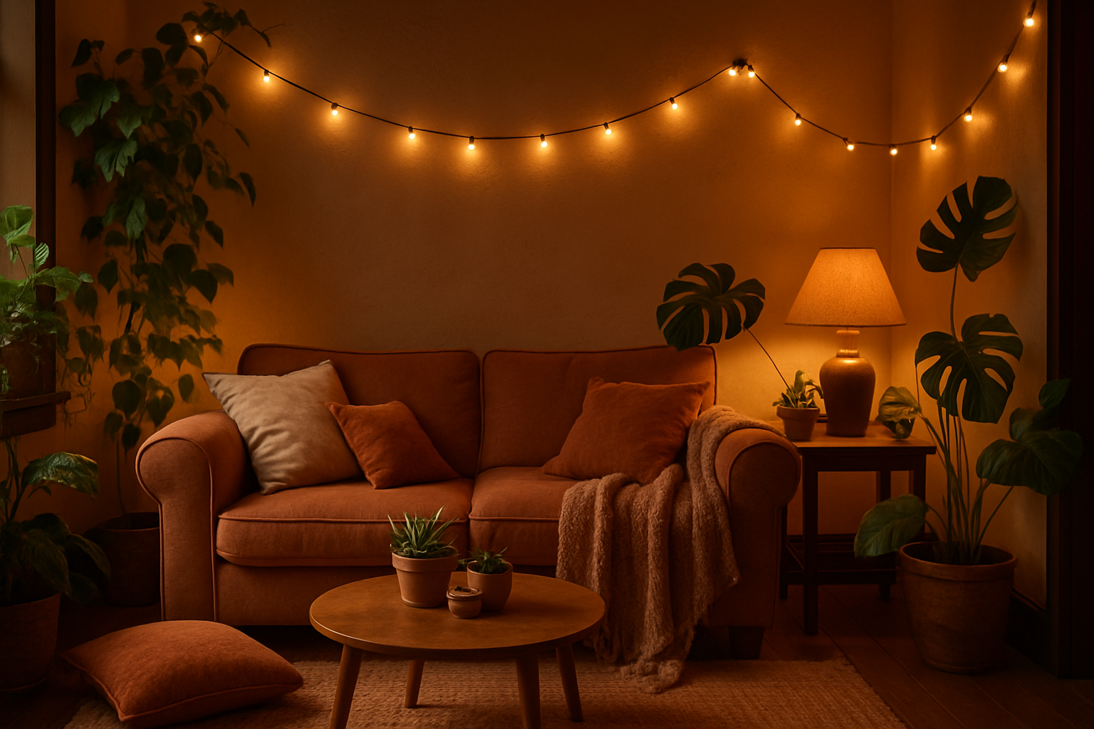generate photo of cozy lights in this coloros #F2E2CE #F2AE72 #BF7154 #8C5042 #181E26 ad some green plants
